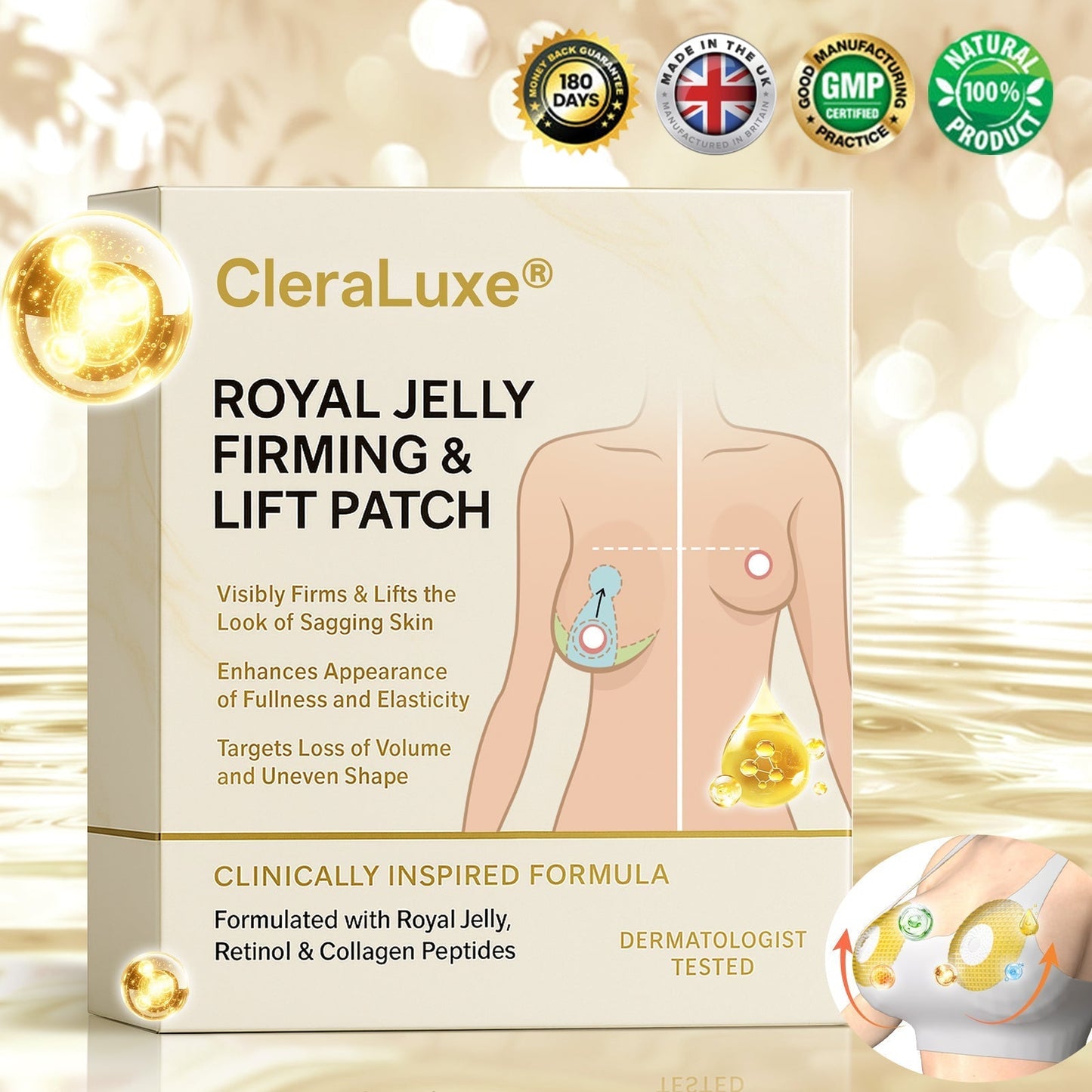 Official Online Offer | CLERALUXE® 🌞 ROYAL JELLY FIRMING & LIFT PATCH - Safe to use during breastfeeding – suitable for concerns such as underdeveloped breasts, sagging, flatness, skin creasing, and nipple pigmentation.